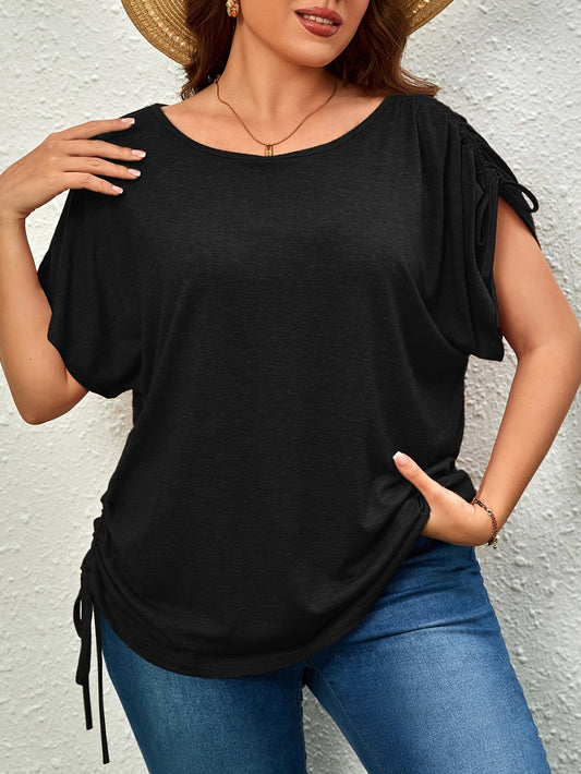 Plus Size Casual T-shirt for Women with Drawstring Ruched Short Sleeves