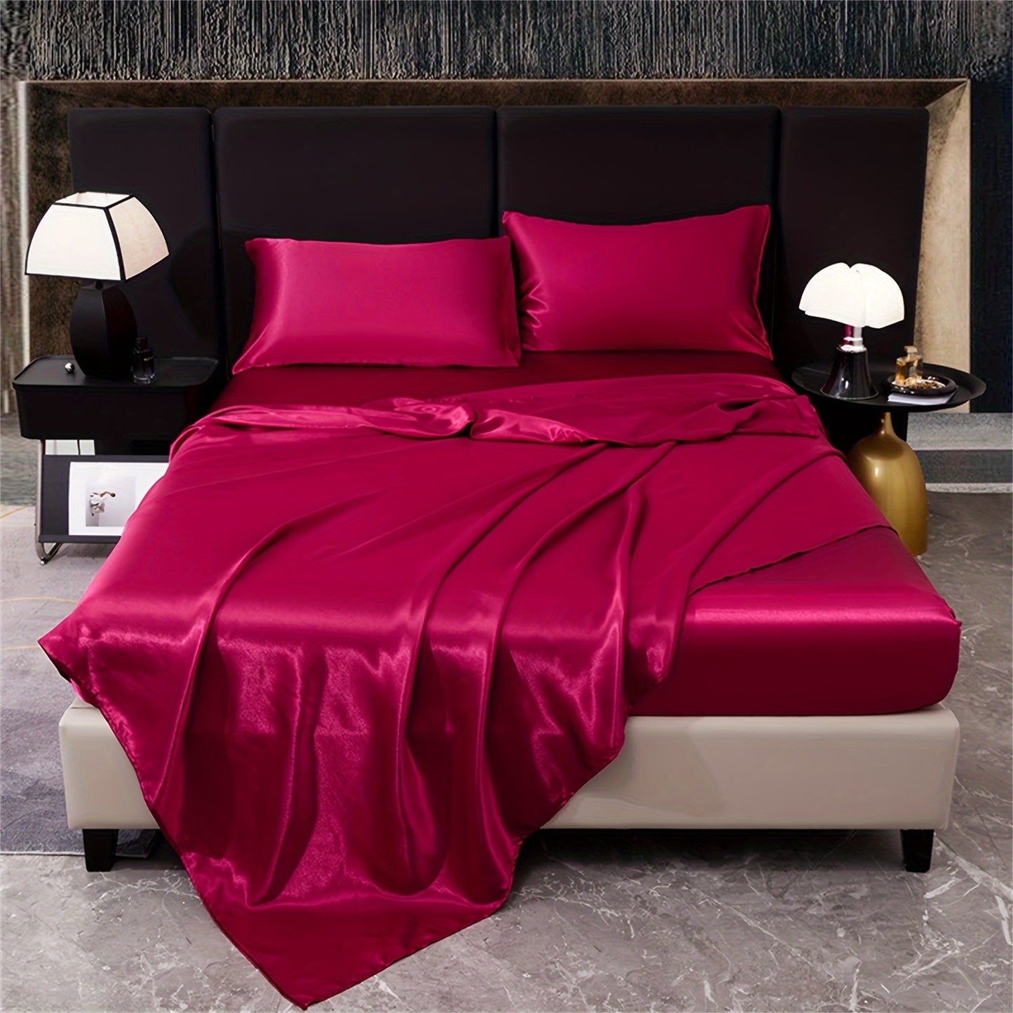 Indulge in the opulence of our 4-piece 80g Light Luxury Silky Satin Bedding Set. This set includes 1 Fitted Sheet, 1 Flat Sheet, and 2 Pillowcases, perfect for elevating your home bedroom, guest room, or hotel. Experience the ultimate in quality and