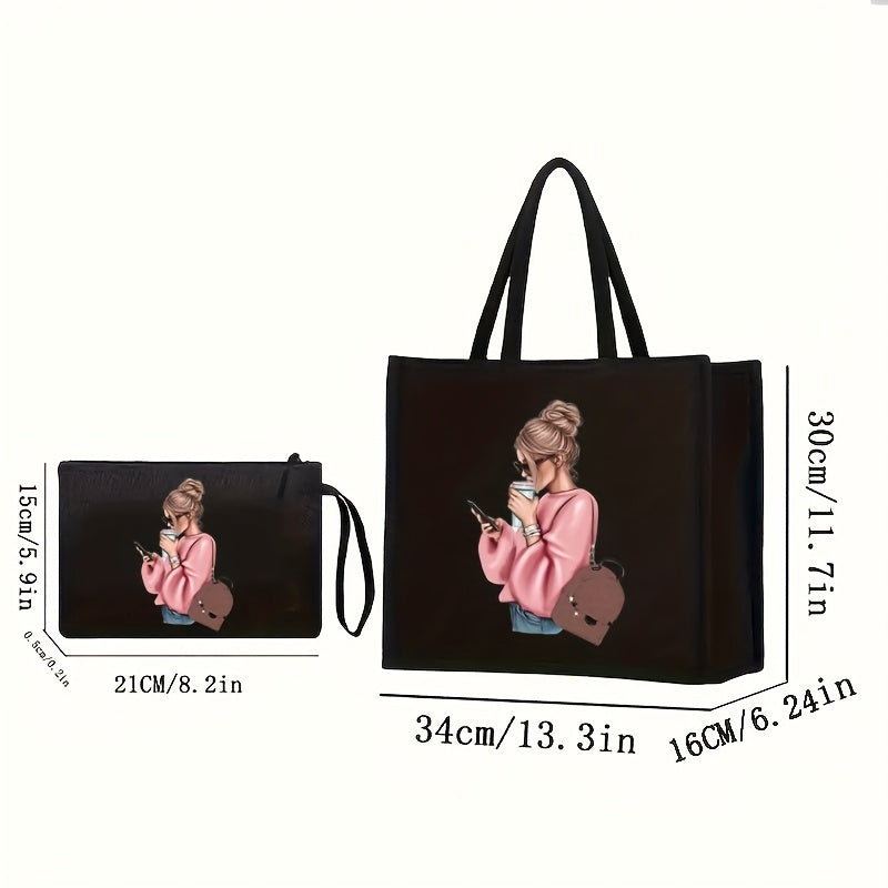 Women's tote bag set with coin purse, featuring cute girl print on black faux leather. Magnetic closure with fixed straps and faux leather lining.