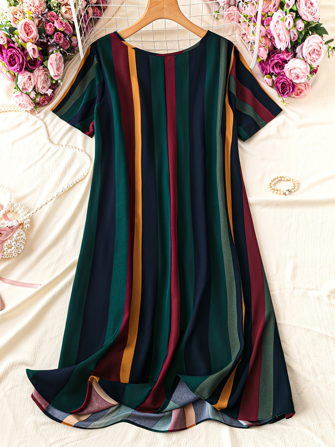 Color Block Striped Print Dress for Spring & Summer, Women's Casual Short Sleeve Crew Neck Dress