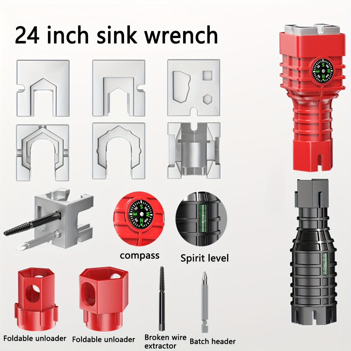 24-in-1 Faucet Repair Tool Set for Kitchen & Bathroom - Carbon Steel, Red/Black