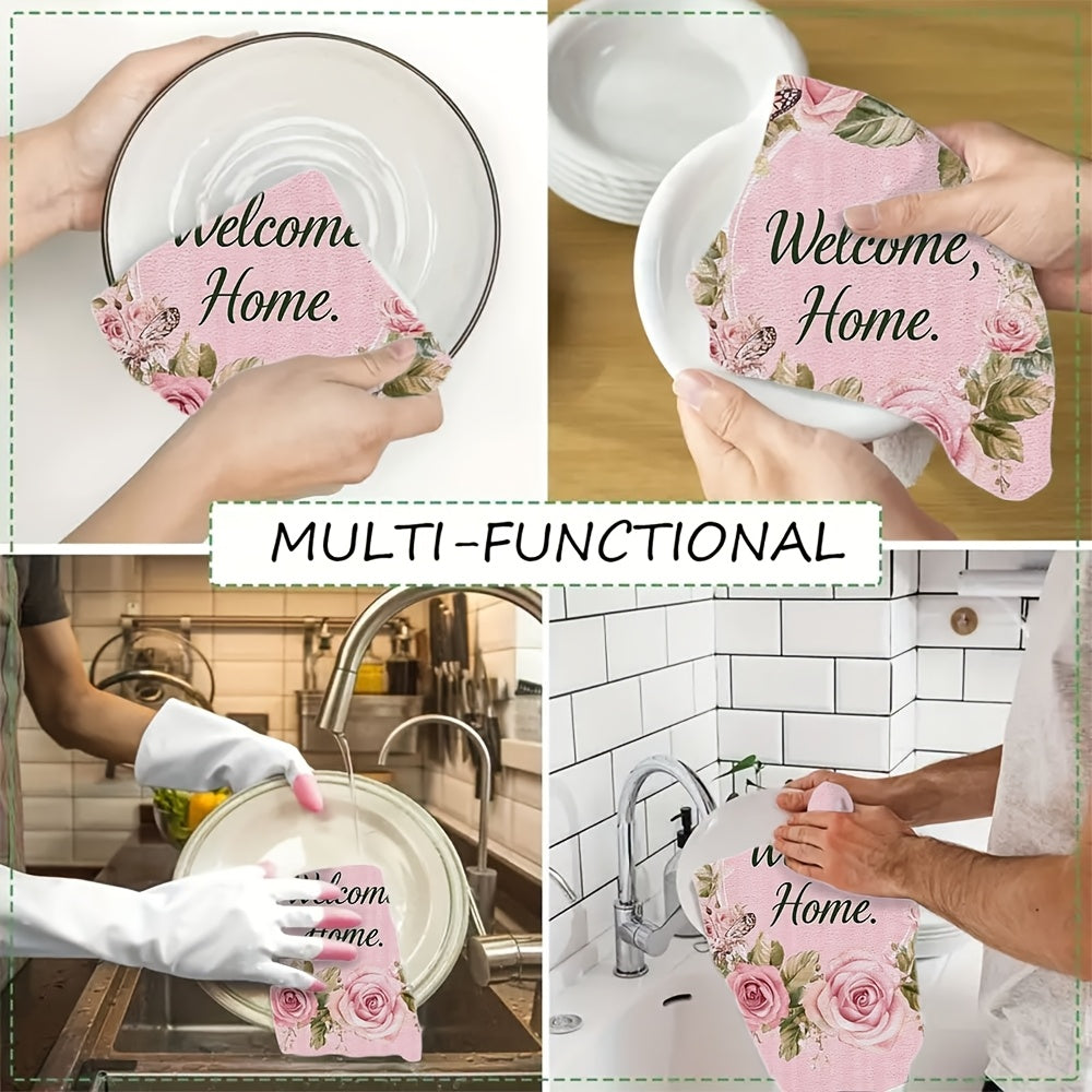 Set of 2 Ultra Soft Kitchen Towels - "Welcome HOME" Pink Design featuring Roses & Butterflies, Exceptionally Absorbent & Easy to Clean Dish Hand Towels, Perfect for Holiday Decor, Size: 40.64x60.96 cm, Dish Towels