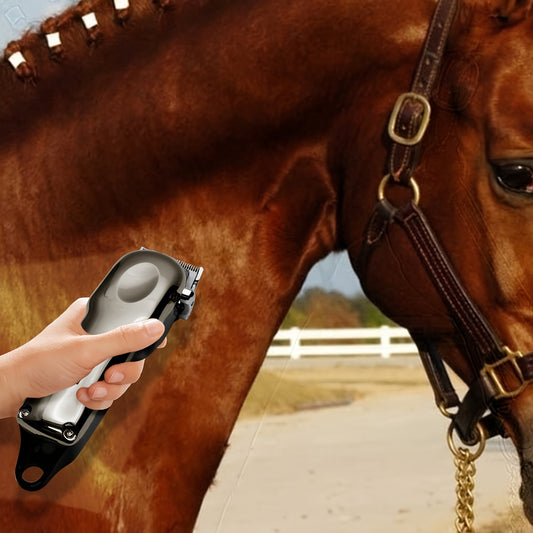 EquiPro USB Rechargeable Horse Clippers with adjustable blade size, low noise, LCD display, and 36V max voltage for pets and horses.