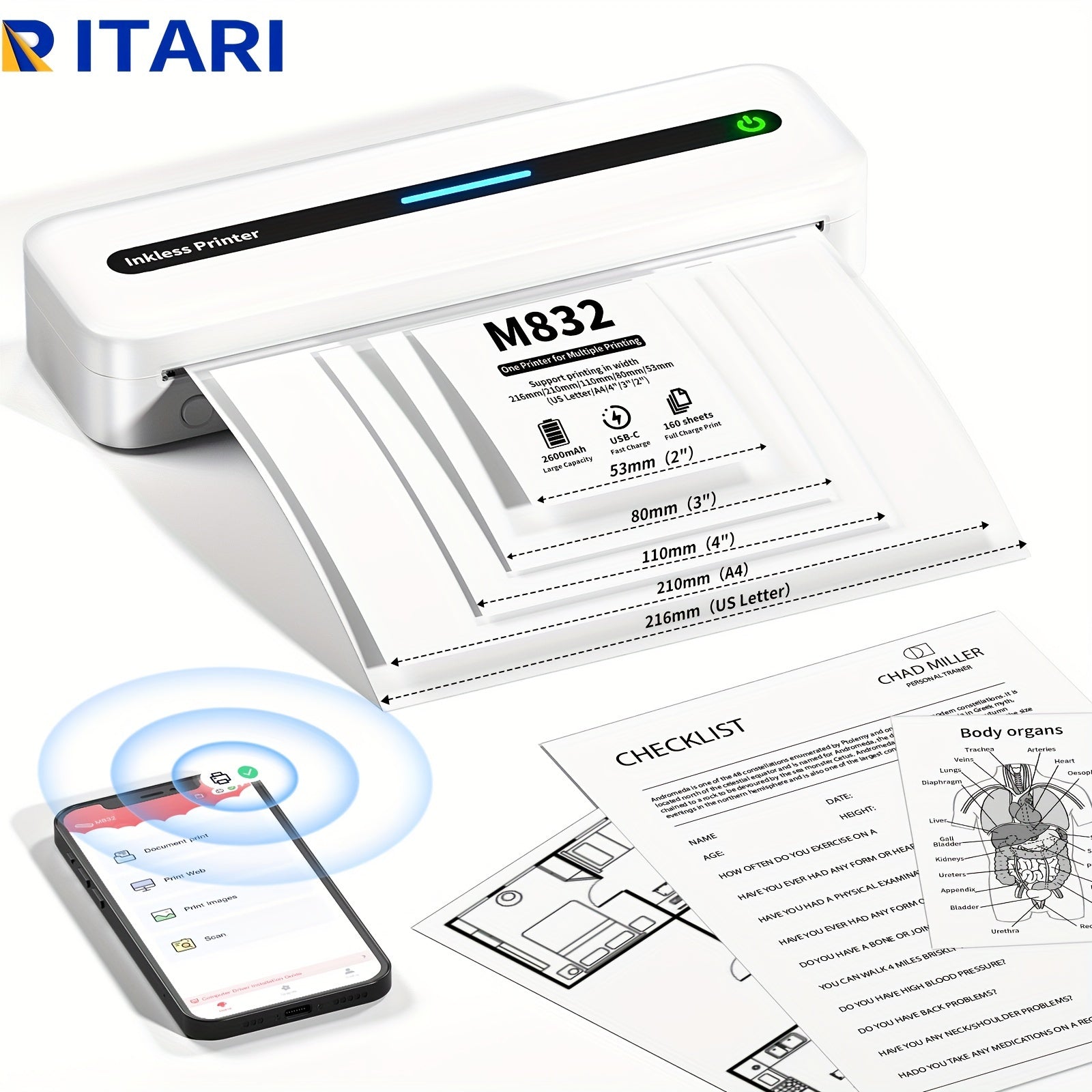 Itari M832 portativ termal printer, simsiz ulanish, USB orqali zaryadlash, ≤36V ishlash voltaji, Android va iOS bilan mos, turli qog'oz o'lchamlarini qo'llab-quvvatlaydi, sayohat va ofis uchun mukammal.