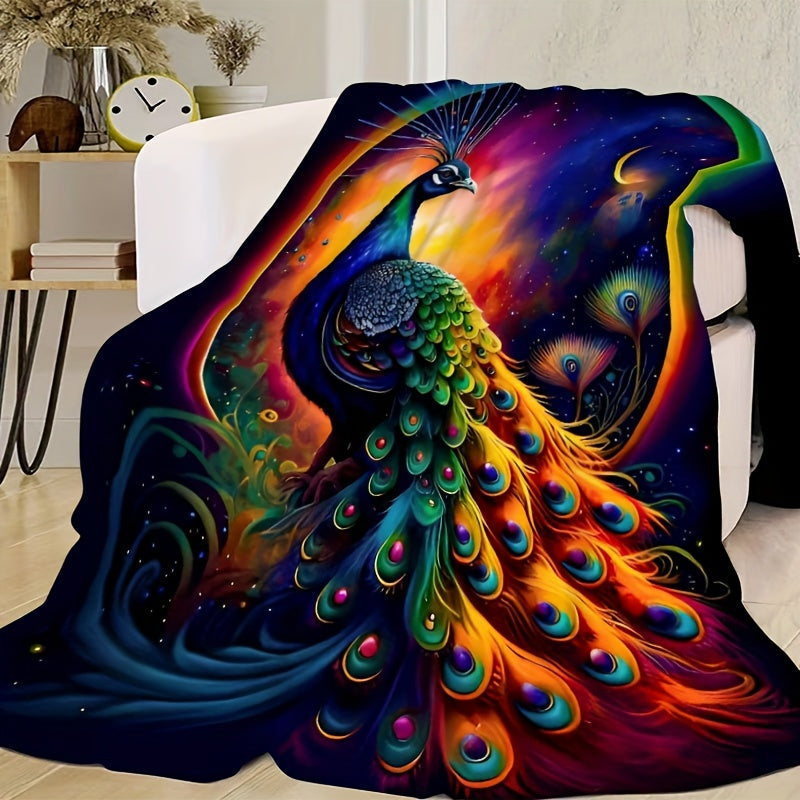 Peacock Print Blanket, Aesthetic Flannel Blanket, Soft and Cozy Throw Blanket for Couch, Office, Bed, or Travel. Versatile Gift for All Seasons.