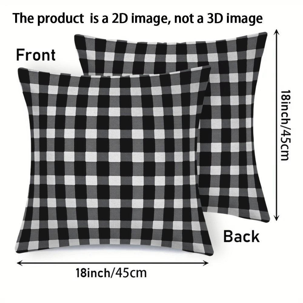 Two-pack of contemporary black and white checkered flannel pillow covers measuring 45.72x45.72 cm. These machine washable, zippered square cushion cases are perfect for use on your sofa, bed, or outdoor furniture in any season. Please note that pillow