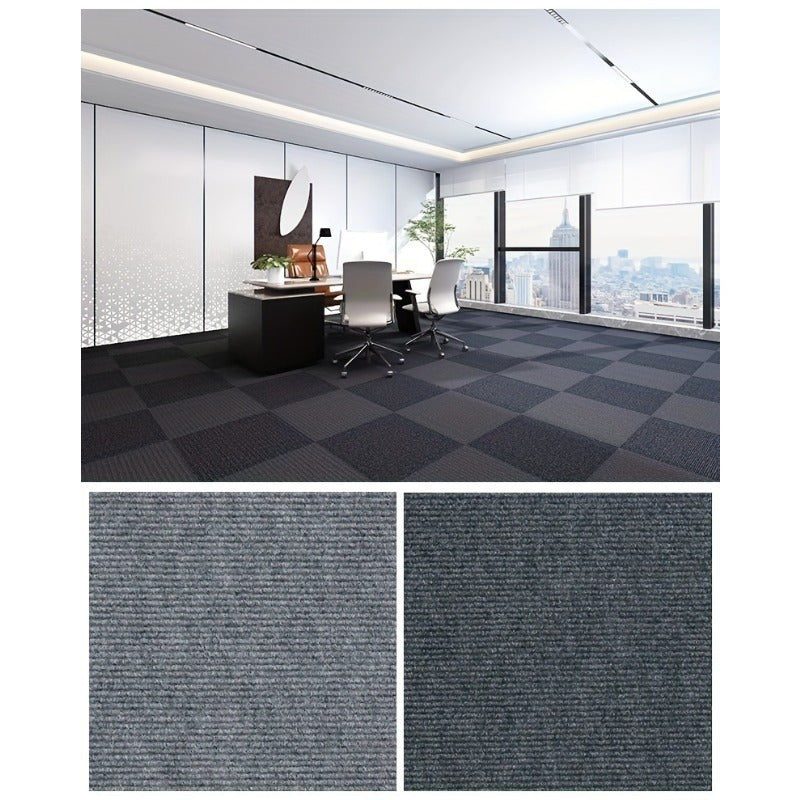 30-Pack self-adhesive carpet floor tiles in Shapes and Stripes style, with straight match pattern, easy peel and stick for office and balcony decor, 30.0x30.0 cm.