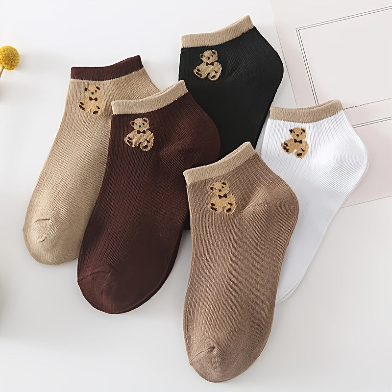 5 pairs of breathable, sweat-absorbent casual socks with bear pattern for older individuals, sweat-resistant.