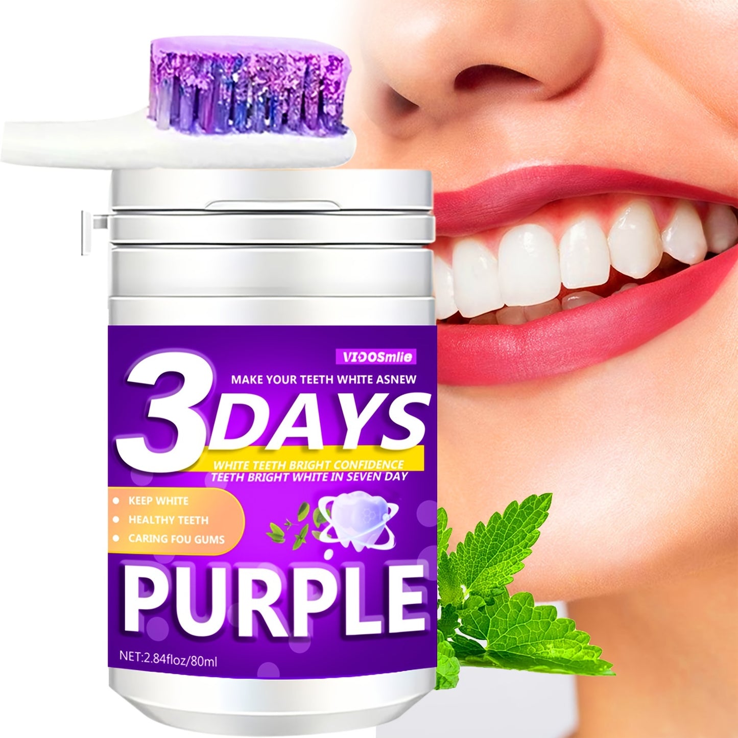 Vidosmile Purple Tooth Powder 80ml: Natural teeth whitening with honeysuckle flower & mint, baking soda brightening, gentle oral care for fresh breath & healthy gums.