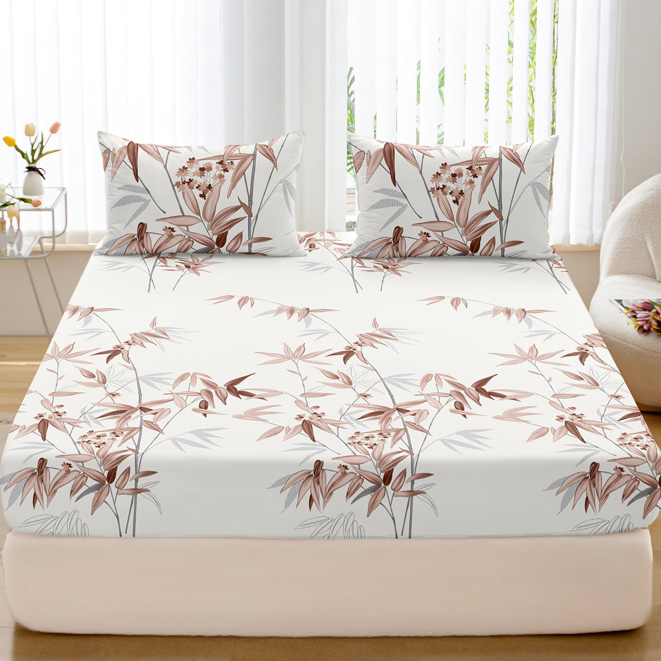 Set of 3 Plant Printed Fitted Sheets - Luxuriously Soft and Breathable Bedding for Bedroom and Guest Room, including 1 Fitted Sheet and 2 Pillowcases.