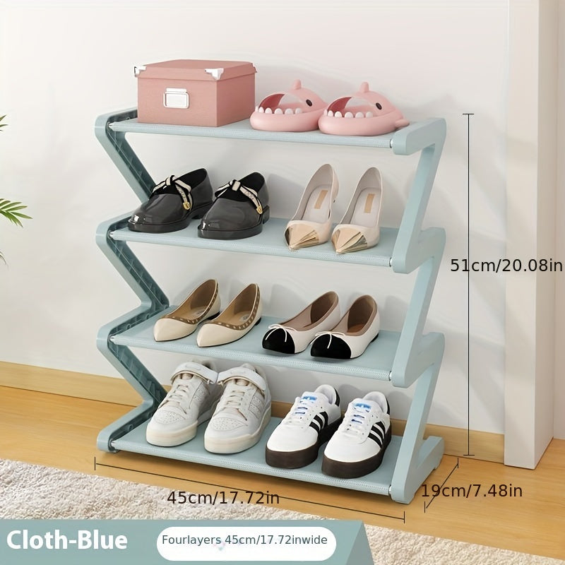 Z-Shaped shoe rack with 4 tiers, plastic, easy assembly, stackable for home or dorm room.