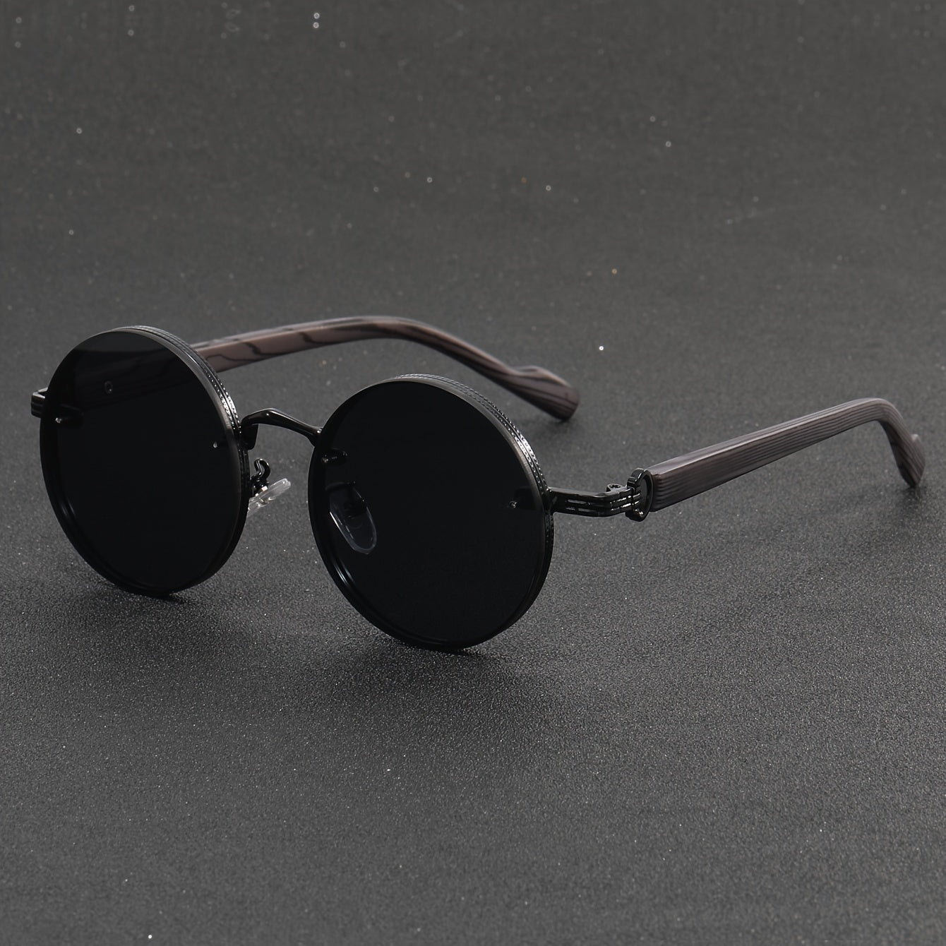 Small round frame retro glasses with wooden legs, all black - perfect for traveling.