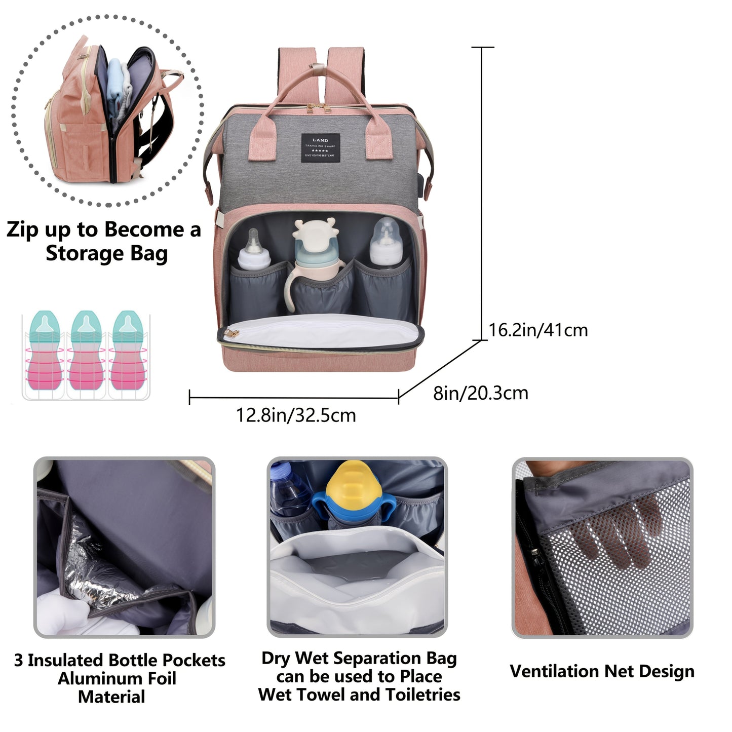 A perfect gift for Christmas, Halloween, or Thanksgiving Day - the Lamroro Diaper Bag Backpack is a multifunctional travel backpack that comes with a changing station, large capacity, waterproof features, sunshade, and breathable mosquito net.