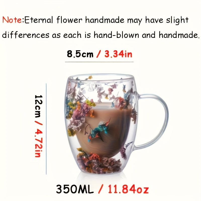 Vintage double-walled glass mug with dried flowers, ideal for coffee, whiskey, iced beverages, and more. Hand wash only. Reusable and recyclable. Elegant drinkware with handle.