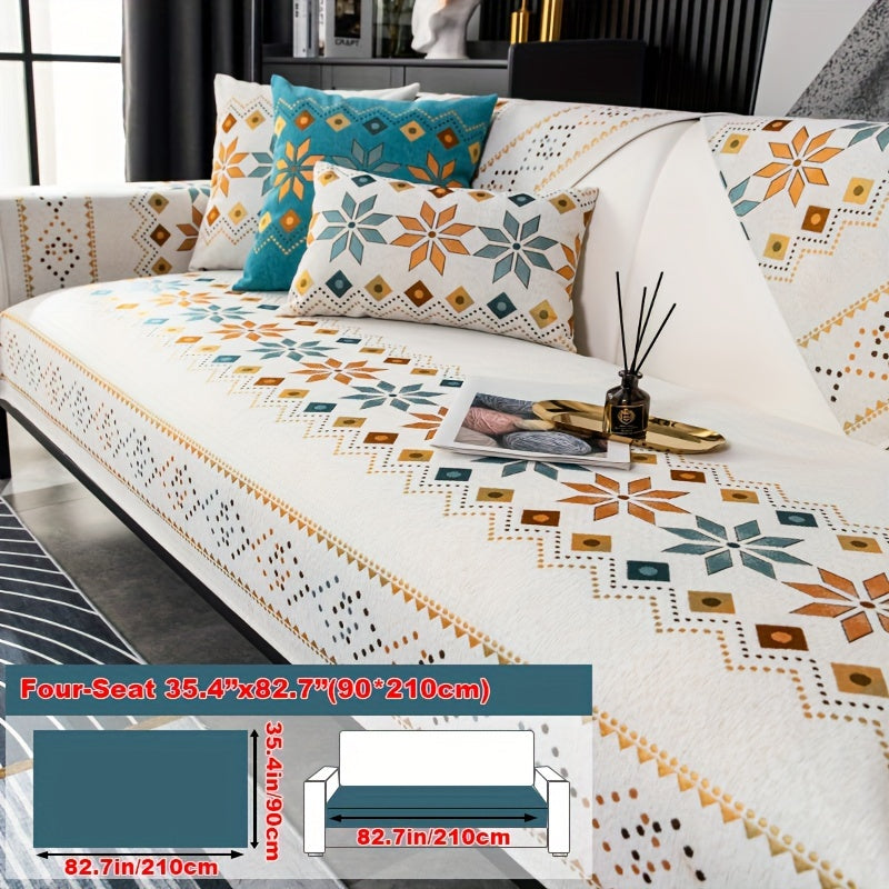 Bohemian four seasons chenille sofa cover with geometric embroidered pattern, offers sofa protection and non-slip feature for home decoration in bedroom, office, and living room.