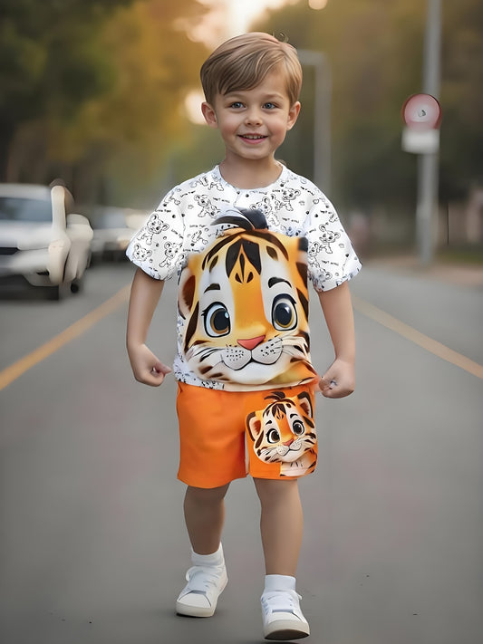 Boys' tiger print casual outfit set, made of comfy polyester blend, includes short sleeve tee and shorts for summer. Leisure style, classic version, ideal for outdoor activities.