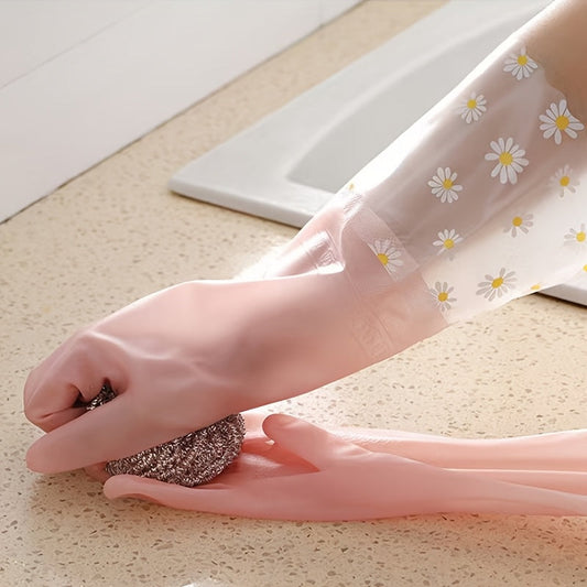 Two waterproof PVC cleaning gloves featuring a colorful daisy pattern, designed for a secure grip while washing dishes. Ideal for use in the kitchen, home, laundry, bathroom, toilet, living room, and bedroom. These gloves are non-toxic, multifunctional