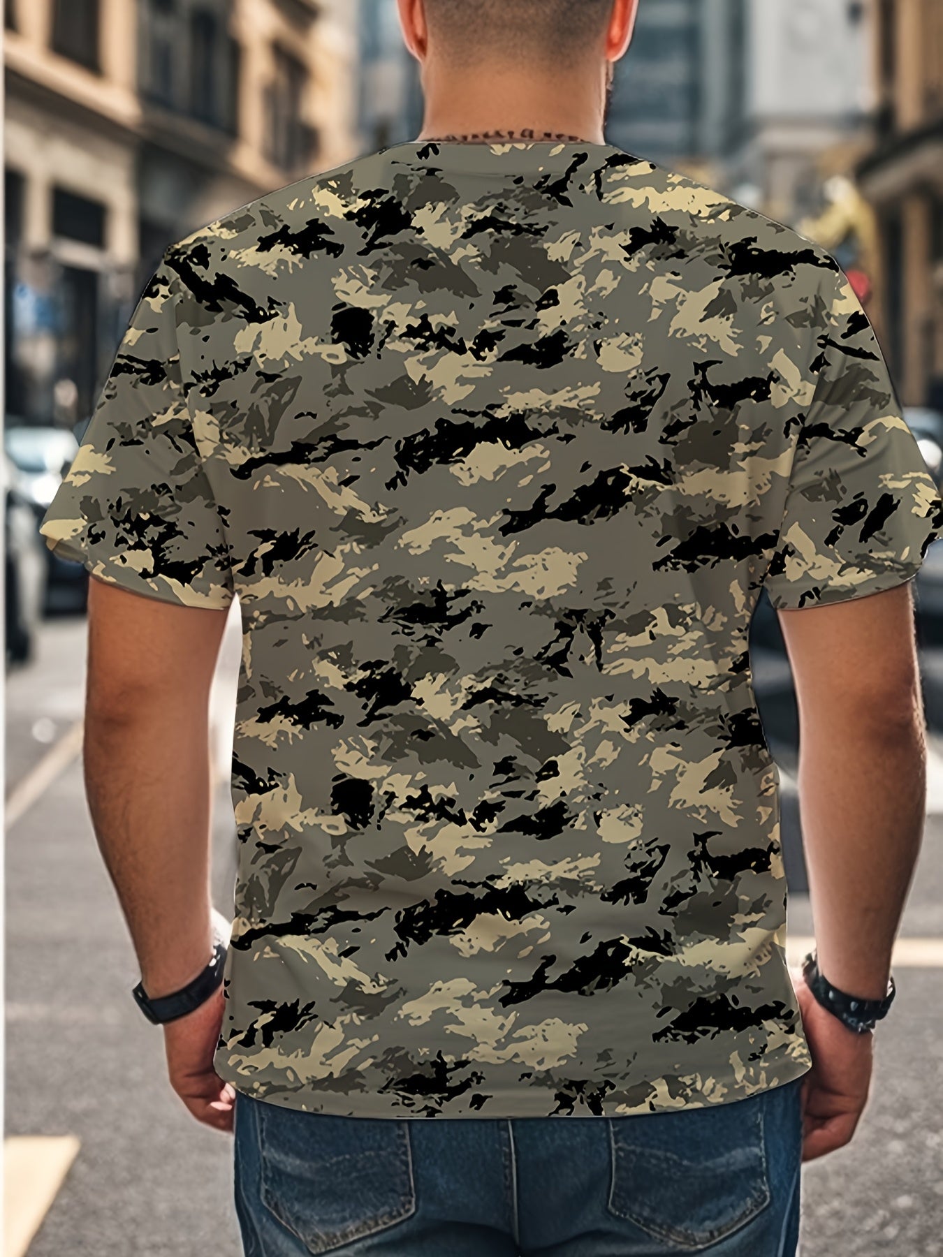 Regular fit camo print tee for plus size men with tattoo art design, suitable for casual, sports, and party wear.