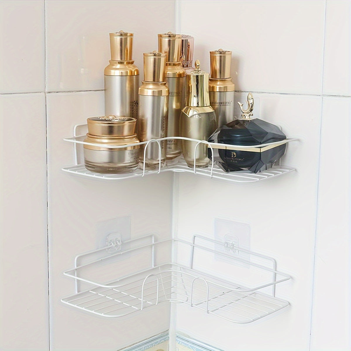 Stainless steel bathroom storage rack with golden tube, wall-mounted corner shower shelf. Comes with seamless stickers for easy installation. Available in white or black finish.