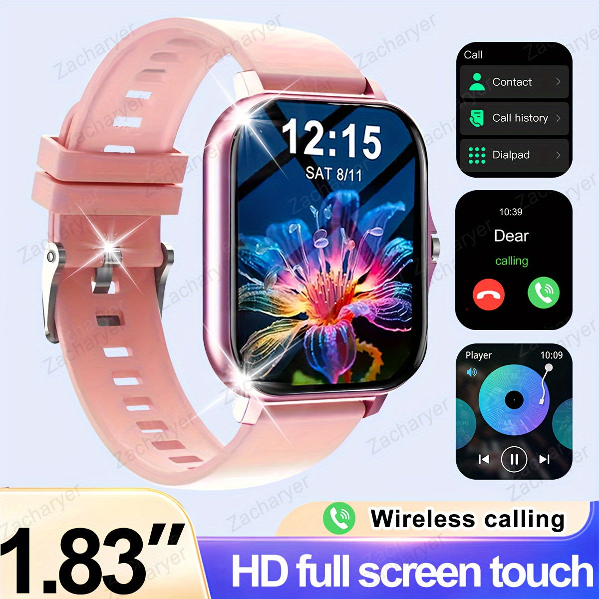 Zacharyer Full-Screen Touch Smartwatch with call alerts, multiple sports modes, Android & iPhone compatibility, lithium battery, modern square design, silicone band, colorful display