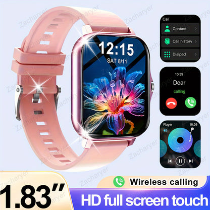 Zacharyer Full-Screen Touch Smartwatch with call alerts, multiple sports modes, Android & iPhone compatibility, lithium battery, modern square design, silicone band, colorful display