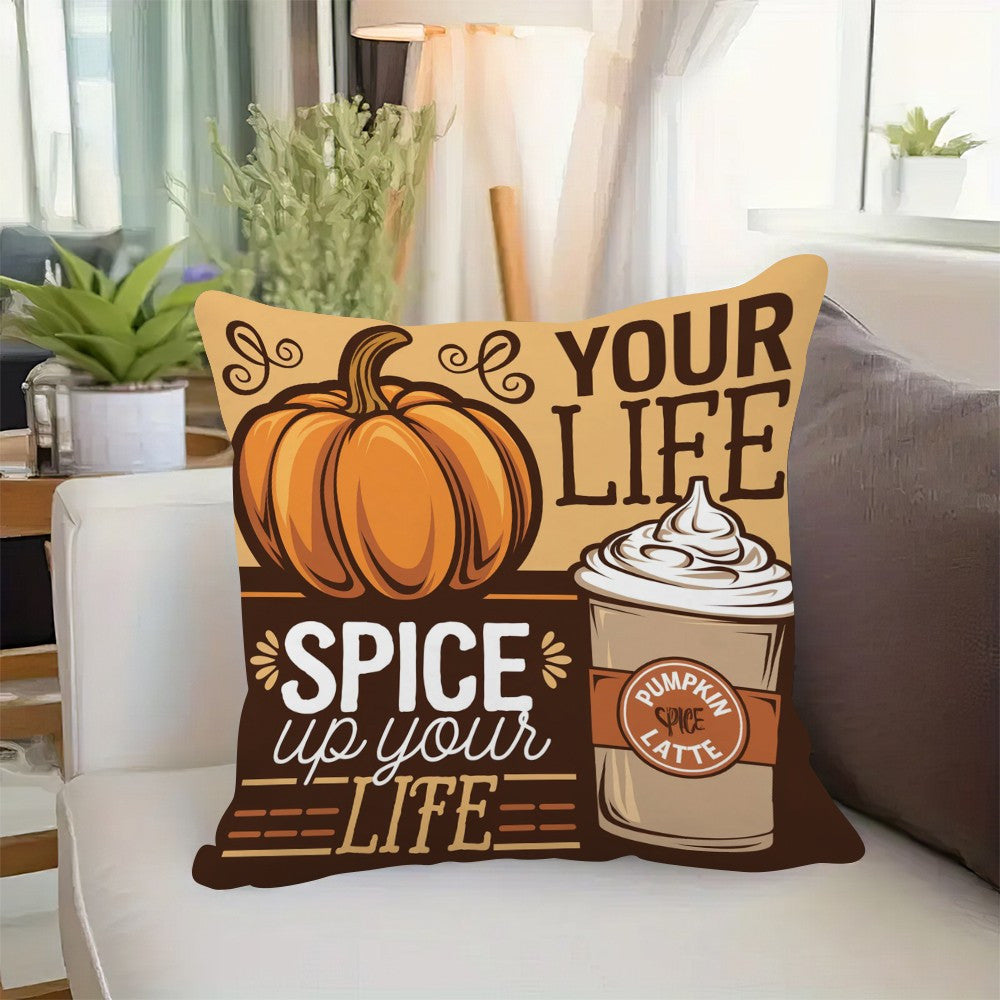 Autumn Pumpkin & Latte Design Pillow Cover - 1pc, Single-Sided Print, Made of Durable Polyester Fiber, Festive Home Decor for Sofa & Living Room, Size: 45.72x45.72 cm