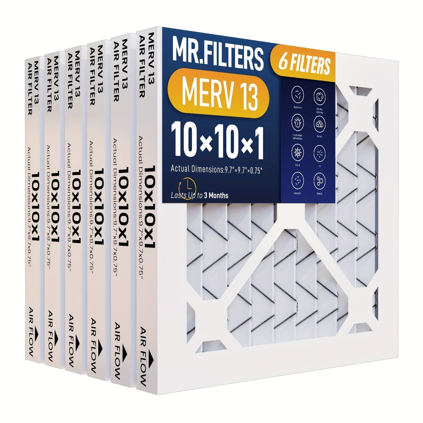 Replace the air filters in your home with this pack of six AC furnace filters. These filters are 10 x 10 x 1 and come in MERV8, MERV11, and MERV13 ratings for improved air quality. Keep your HVAC system running smoothly with these pleated filters.