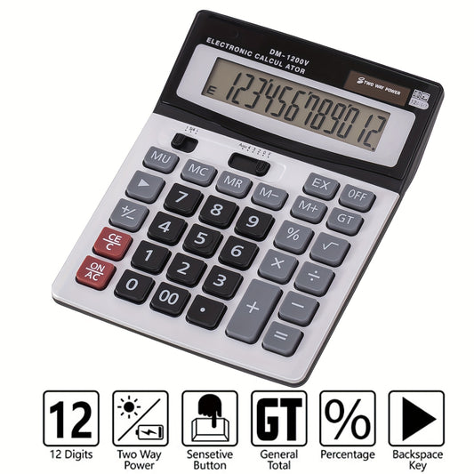 Desktop calculator with large display, big buttons, dual power, and 12-digit capacity.