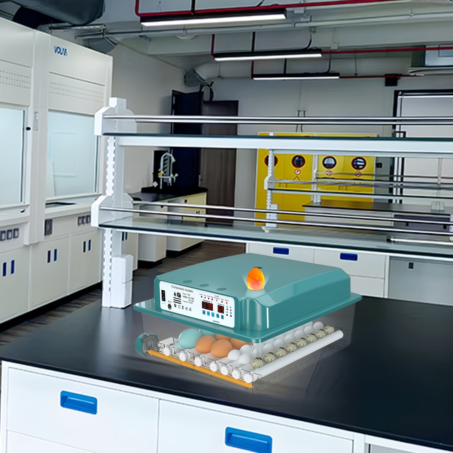 An intelligent automatic incubator can hatch 36 eggs simultaneously, with automatic water addition, temperature, and humidity control. It has one-button setting for incubation modes, smart