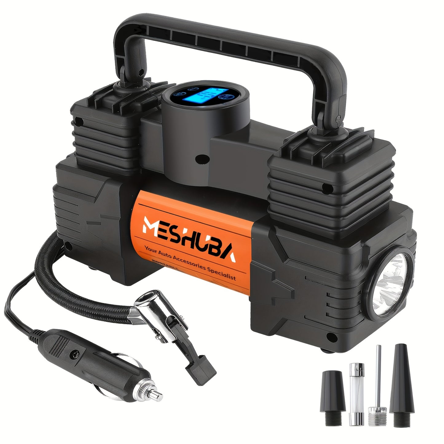 Portable MESHUBA Tire Inflator: 12V air compressor with 150PSI pump and digital gauge for cars, bikes, and more in orange.