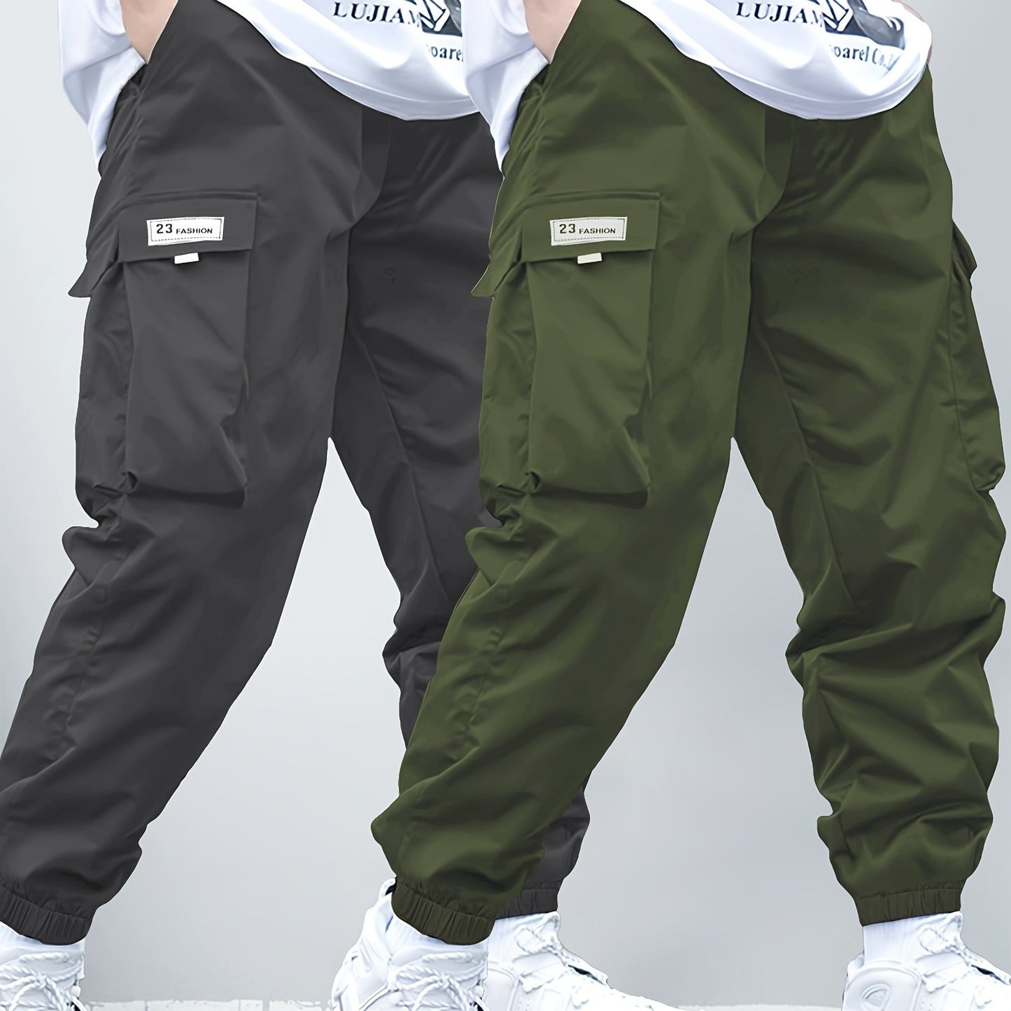 Boys' casual cargo pants with elastic waistband and multi-pocket design in durable polyester, suitable for all seasons and outdoor activities.