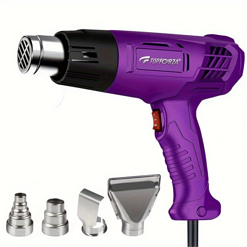 Fast preheating heat gun with temperature control and overload protection, ideal for crafts, PVC shrinking, and paint stripping. Kit includes 4 nozzles.