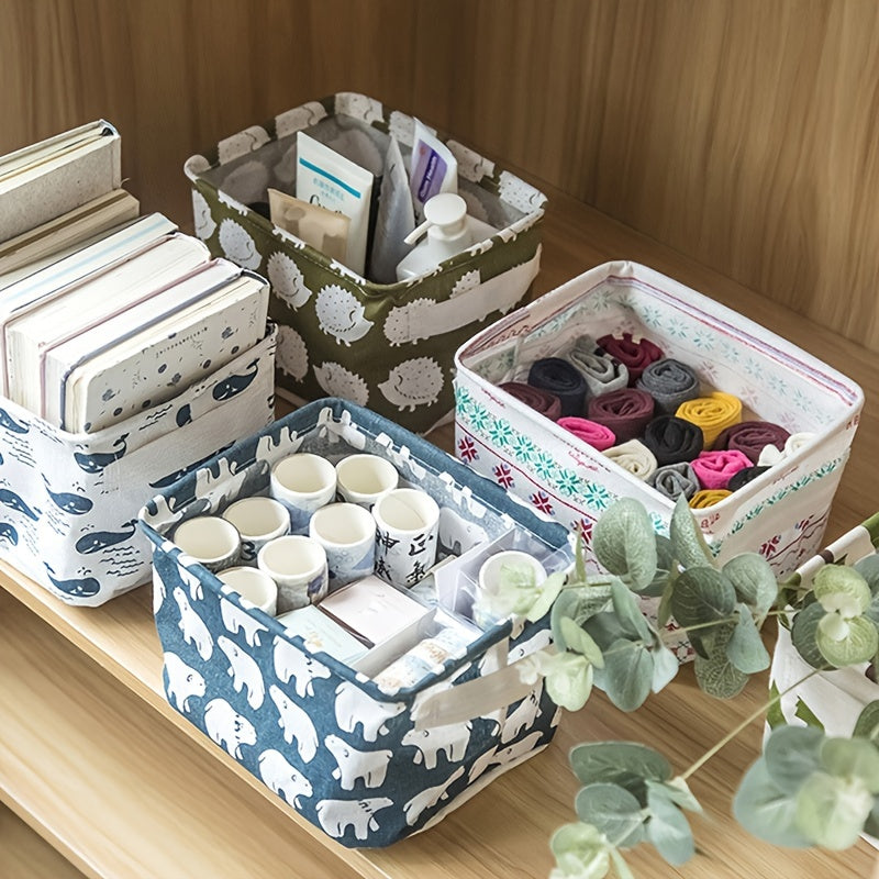 Waterproof desktop storage box made of printed cotton and linen with handle, suitable for organizing sundries.