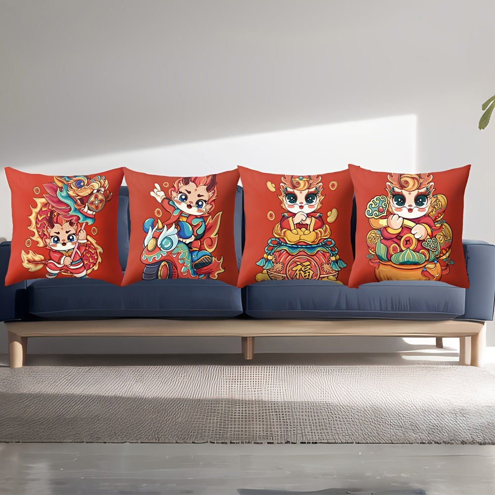 Get cozy with the Red Dragon Chinese New Year Pillowcase! This traditional-style cushion cover is made of stain-resistant polyester, perfect for adding a touch of flair to your sofa or bedroom decor. The dimensions are 43.99 x 43.99 cm.