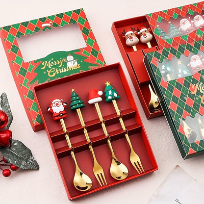 Christmas-themed stainless steel cutlery set includes 4 or 6 pieces in a gift box, featuring Santa, Christmas tree, and reindeer figurine designs. Perfect for serving desserts, cakes, fruit, and coffee during the holiday season. Great gift idea for