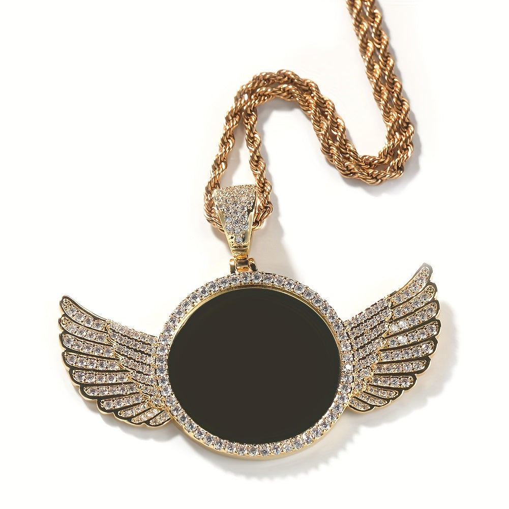 Customizable Photo Pendant Necklace in Hip Hop Style for Men and Women, featuring a Round Wing design in Gold Plated Zirconia for a fashionable look.