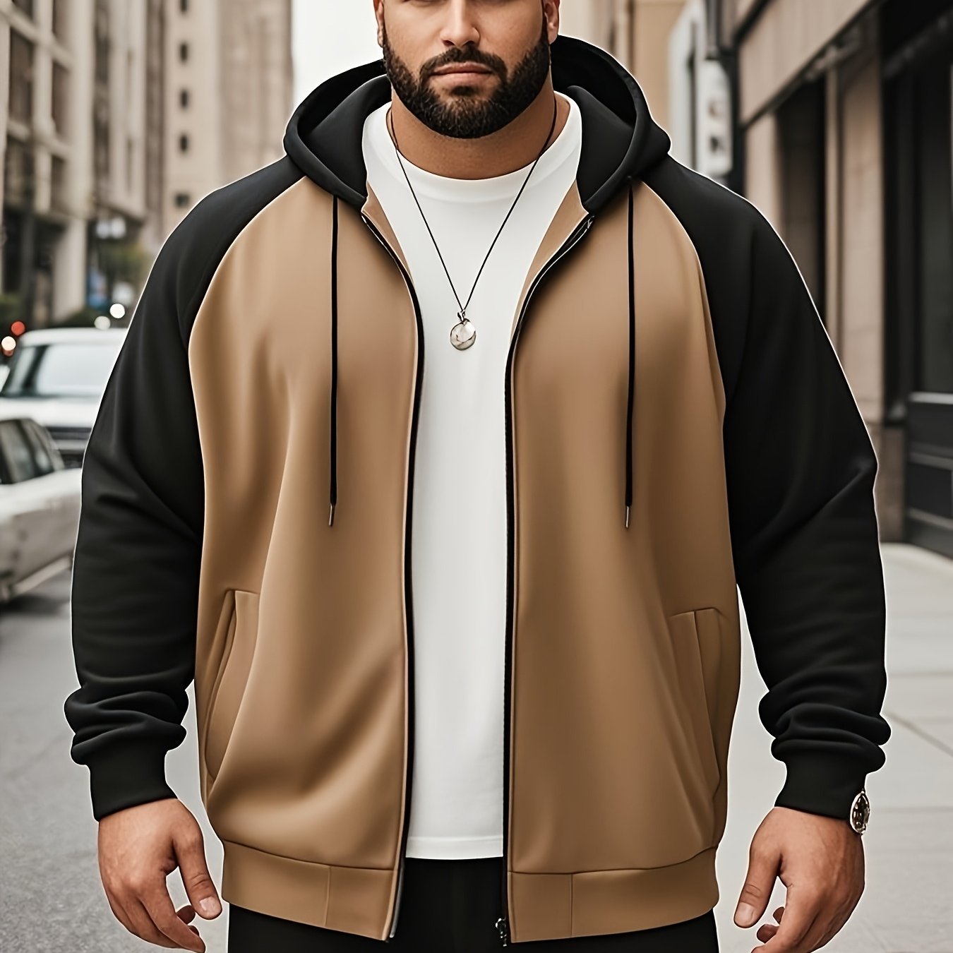 Men's Plus Size Color Block Hoodie with Kangaroo Pocket - Casual Streetwear, Machine Washable, Polyester - Ideal Family Gift