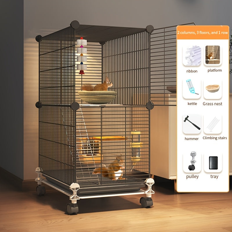 Deluxe squirrel cage with spacious villa design for small pets. Includes various accessories for easy cleaning.