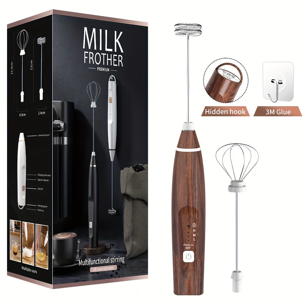 Durable Plastic Electric Milk Frother Handheld with 3-Speed Adjustable USB Rechargeable Feature, Comes with 2 Stainless Steel Whisks for Cappuccinos, Hot Chocolate, Milkshakes, and Eggs - Conveniently Portable.