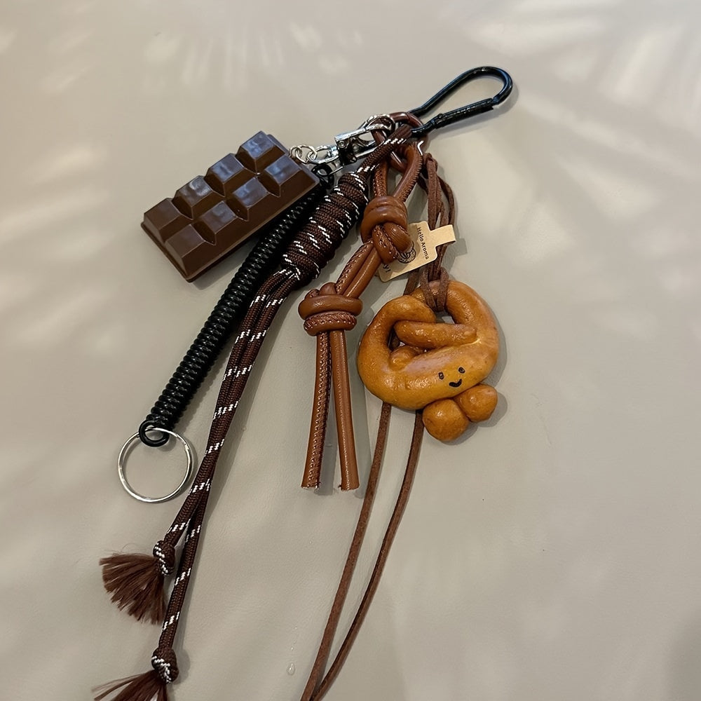 Rock-inspired Sports Faux Leather Keychain featuring Chocolate, Pretzel, and Donuts Charms, Yarn Rope, and Tassel - Unique Trendy Accessory for Bags and Backpacks