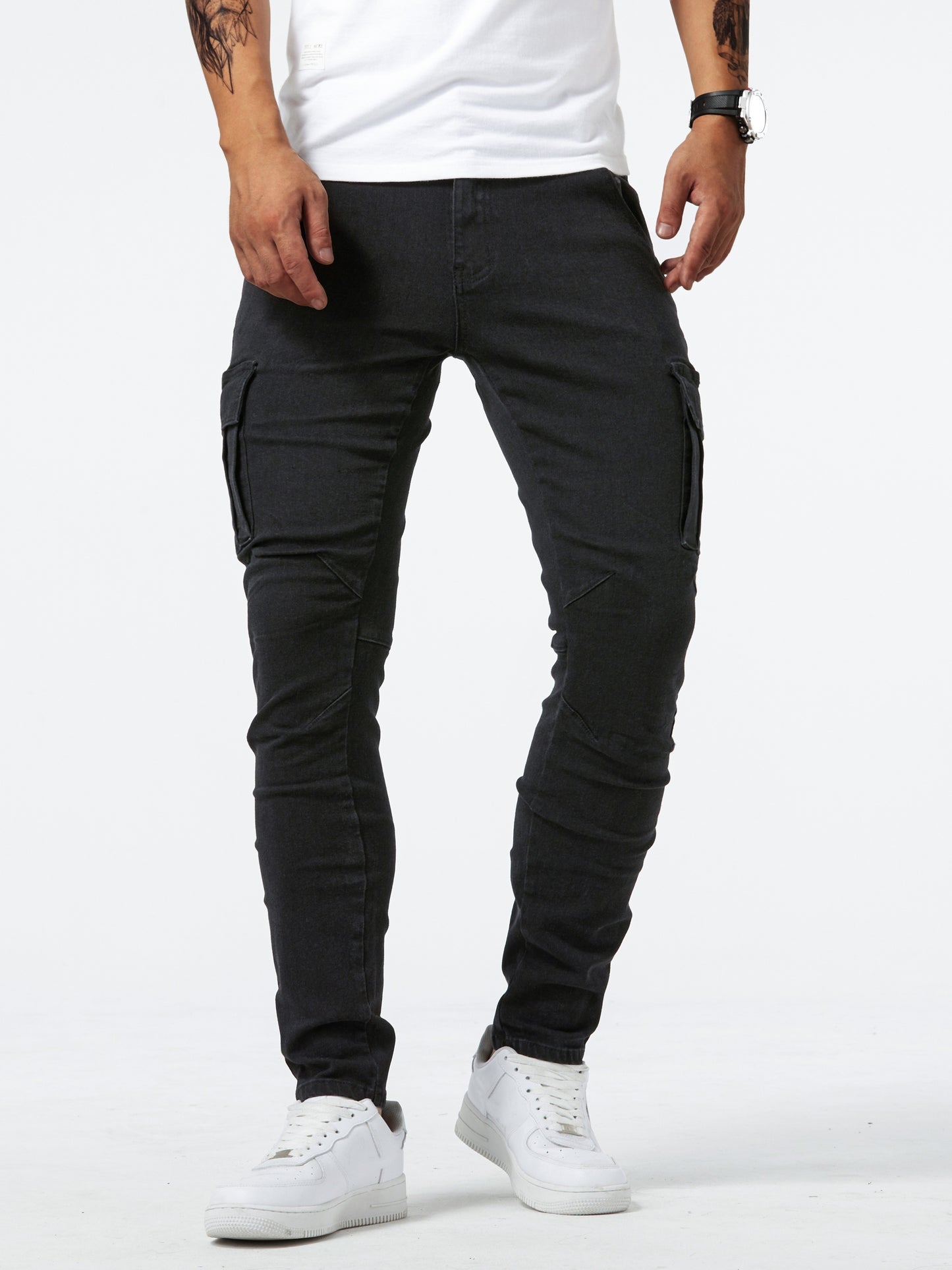 Men's high-stretch denim pants with multiple pockets, suitable for all seasons outdoor activities.