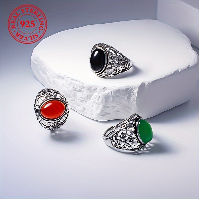 925 Sterling Silver Vintage Punk Style Ring with Adjustable Imitation Jade and Agate Stone, Ideal for Casual Wear or as a Gift