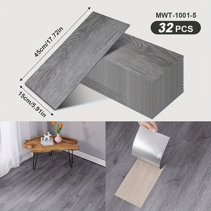 32 peel and paste floor tiles with wood grain design, 45cmx15cm, self-adhesive, waterproof, suitable for bedroom and home decor.