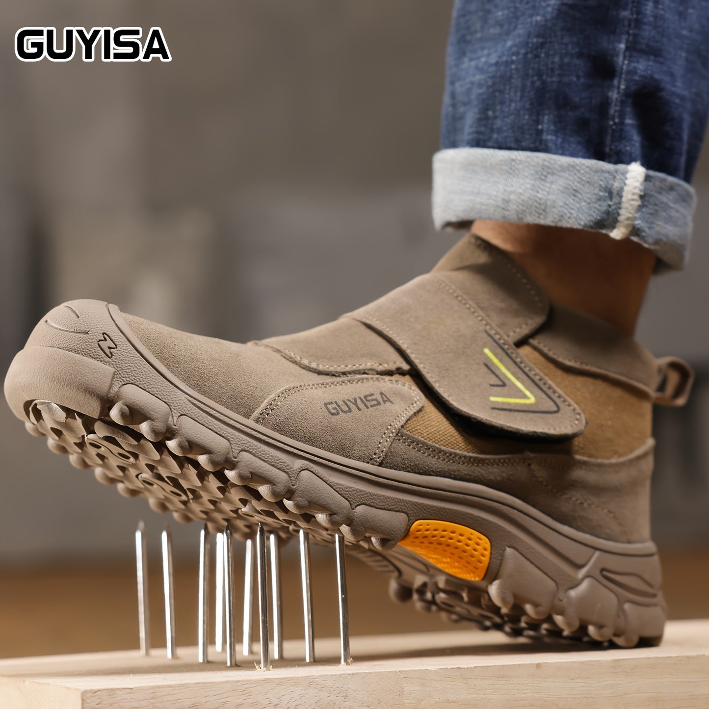 GUYISA Men'S Safety Work Shoes - Steel Toe, Round Toe, Mid-Top with Magic Tape, All-Season, Fire Retardant, Anti-Slip Rubber Sole, Breathable Fabric Lining, Durable Fabric Upper, Comfort