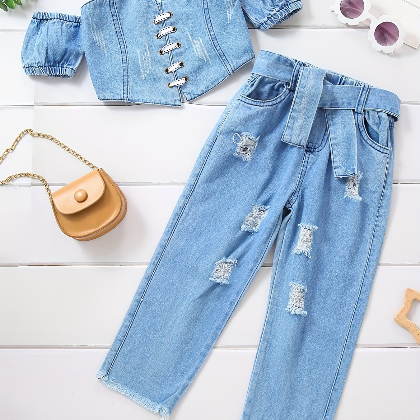 Toddler girls denim tube top and ripped jeans set for outdoor spring and summer wear.