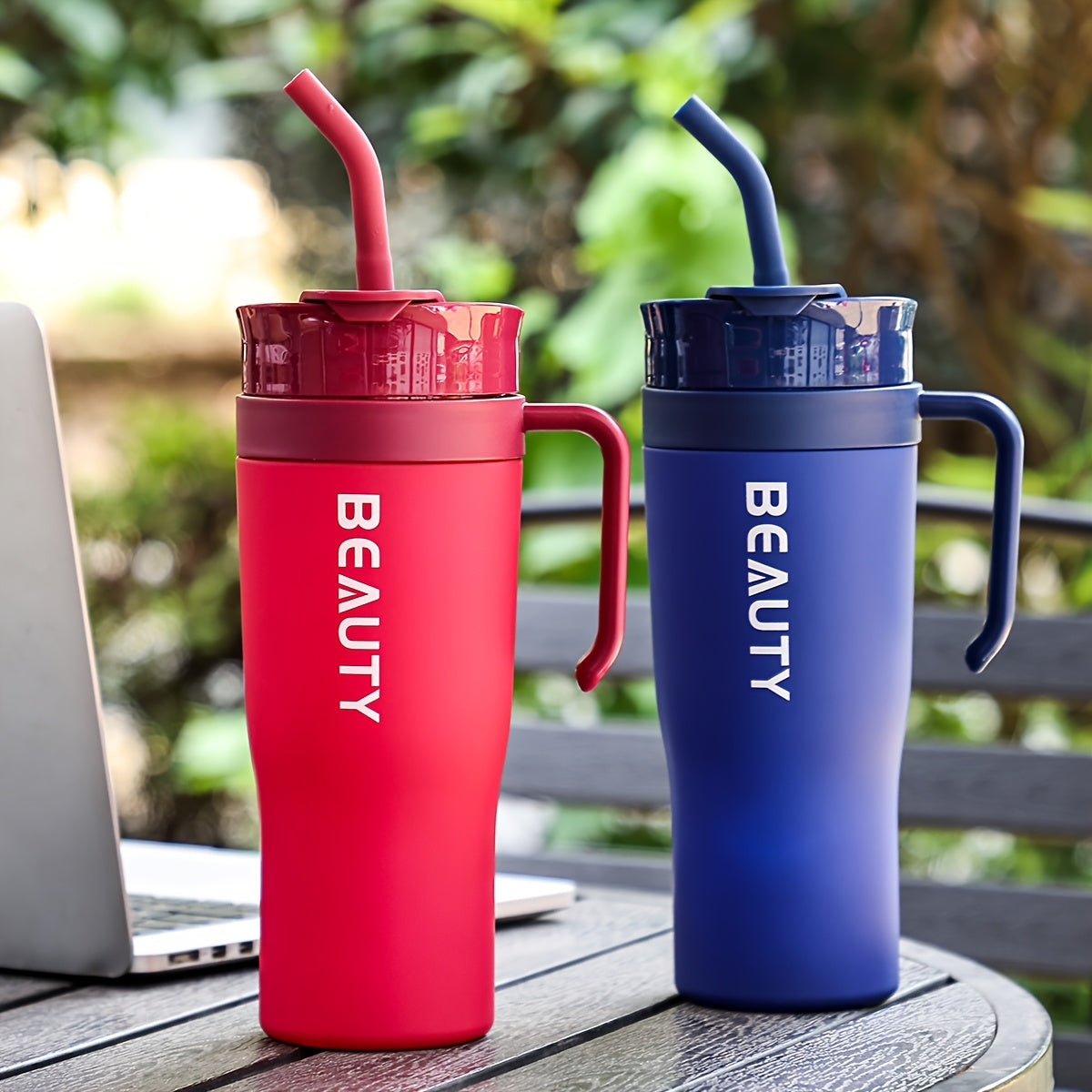 The BEAUTY Portable Water Bottle with Straw is large, lightweight, and suitable for hiking. It is made of plastic and has a round shape, and should be hand washed.