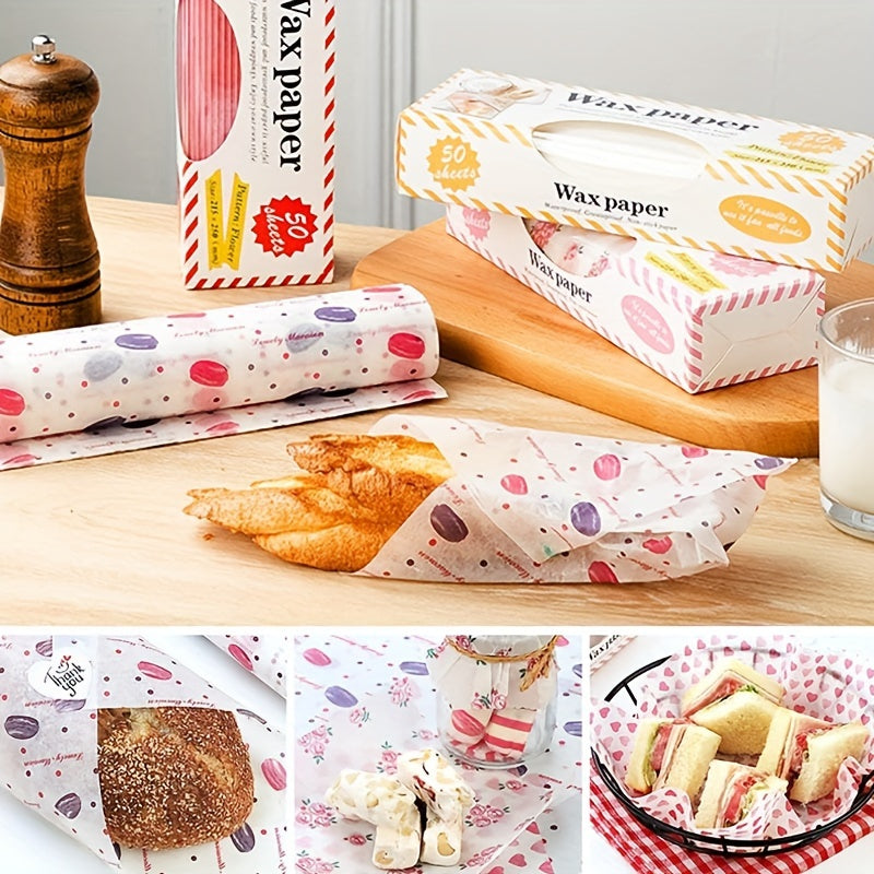 50 pieces of wax paper sheets with a heart pattern design, perfect for wrapping food items such as bread, sandwiches, and burgers. These sheets are greaseproof and waterproof, made with non-stick beeswax material. Ideal for baking, gift wrapping, and