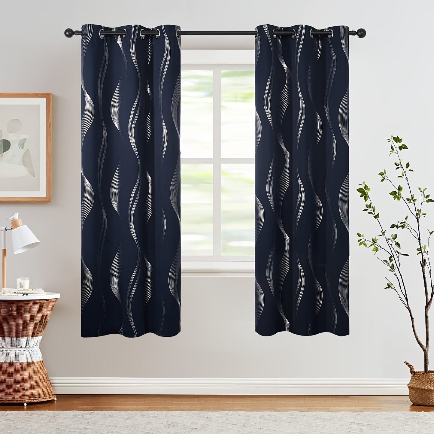 Two pieces of contemporary blackout curtains made from high-quality woven polyester, featuring a grommet top design for easy hanging. These room darkening drapes are machine washable and showcase a fantasy stripe pattern with eyelet detailing. Suitable