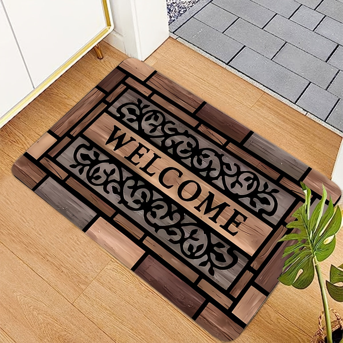 Inviting Entryway: Wood-Texture Door Mat with Anti-Slip Backing, Long-Lasting Polyester Material, Resistant to Stains - Perfect for Home Decor and Welcoming Guests