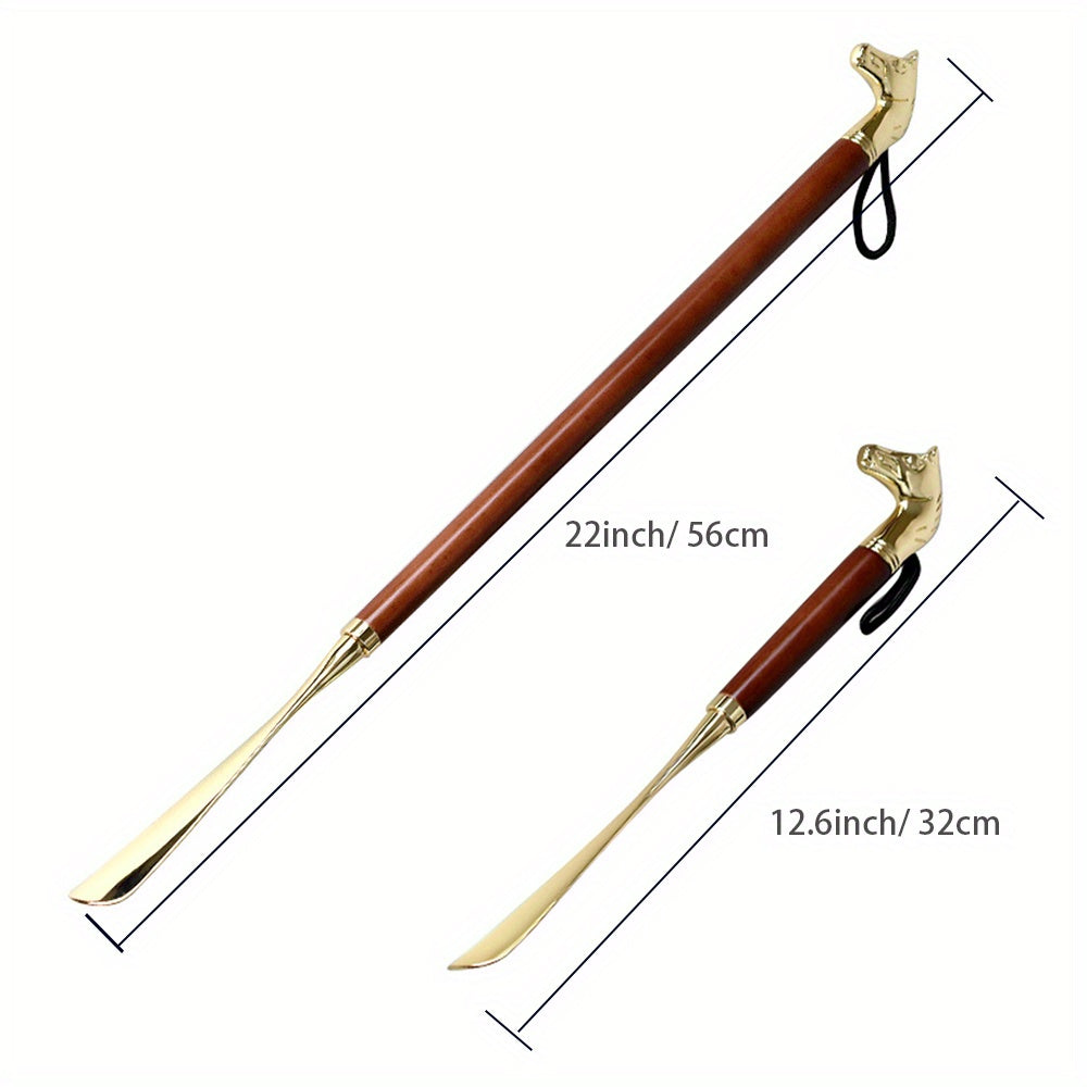 Extra long horse head shaped metal shoehorn, 55.88 cm in length, allows you to wear shoes without bending over.